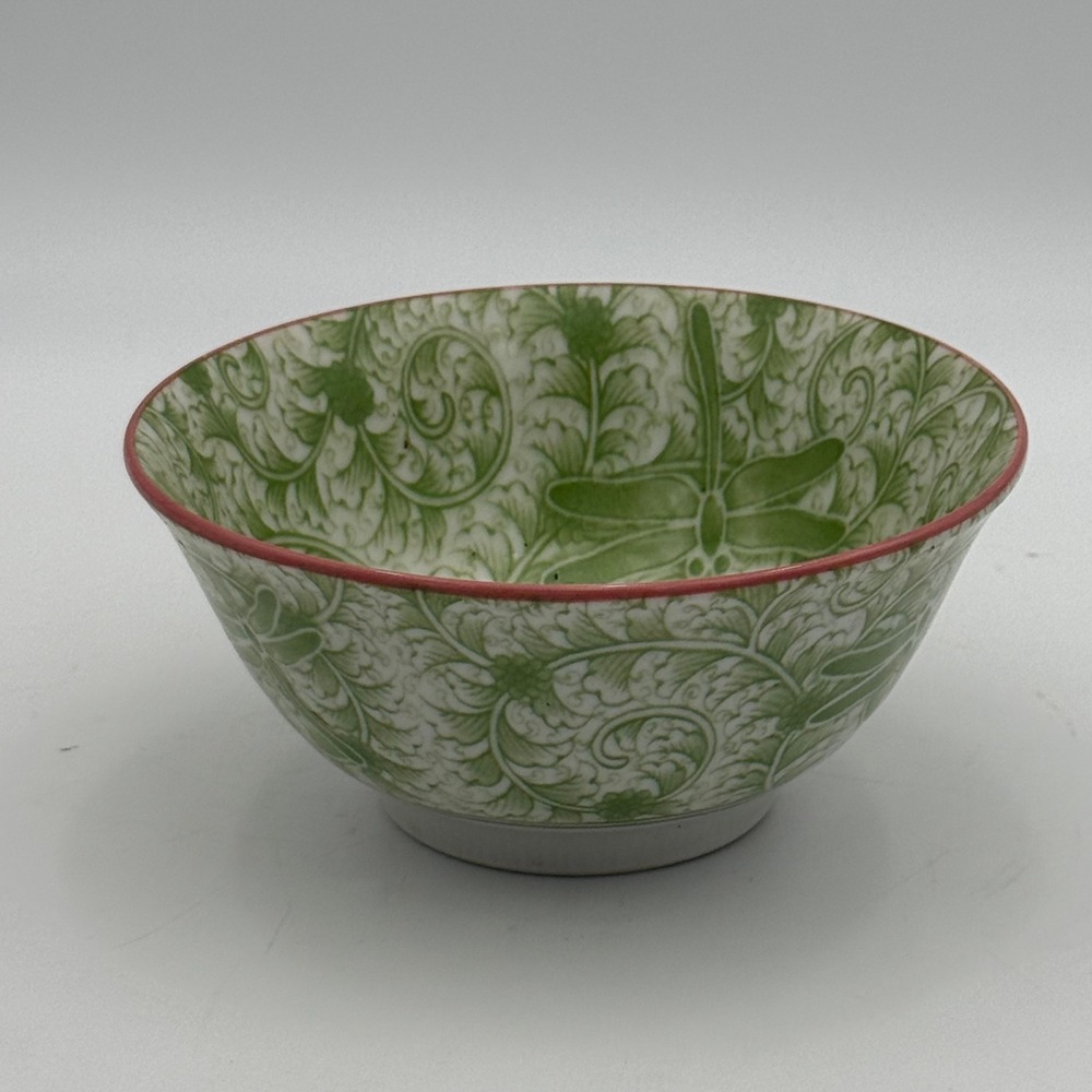 Japanese Porcelain Dragonfly Bowl Green White Scrollwork Made in Japan 5.75"